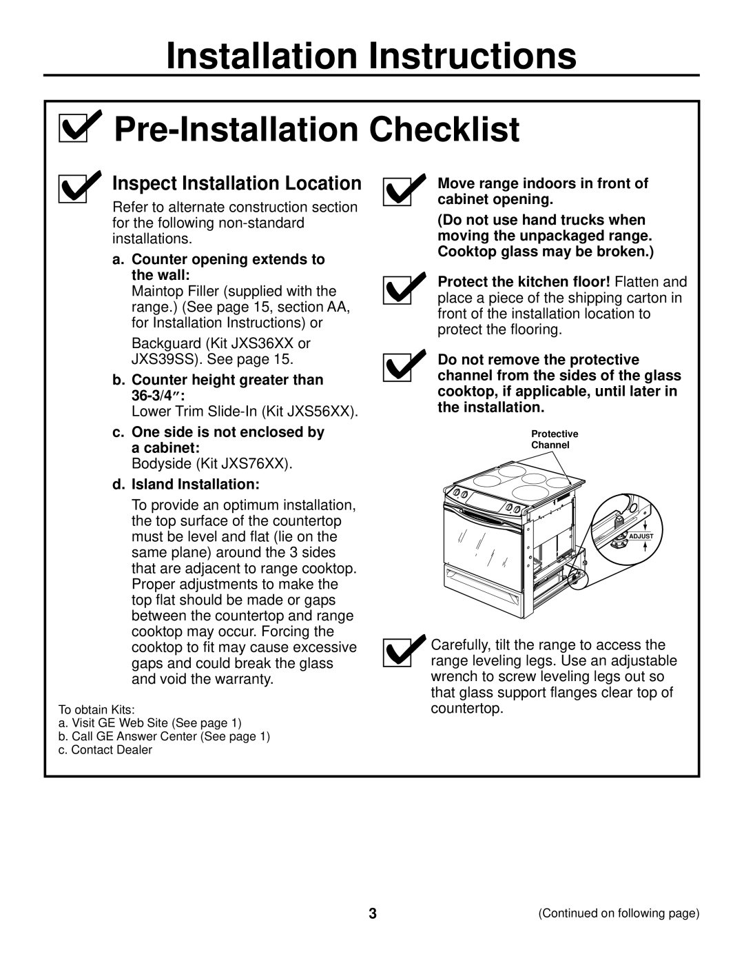 GE JS905 Pre-Installation Checklist, Counter opening extends to the wall, Counter height greater than 36-3/4 