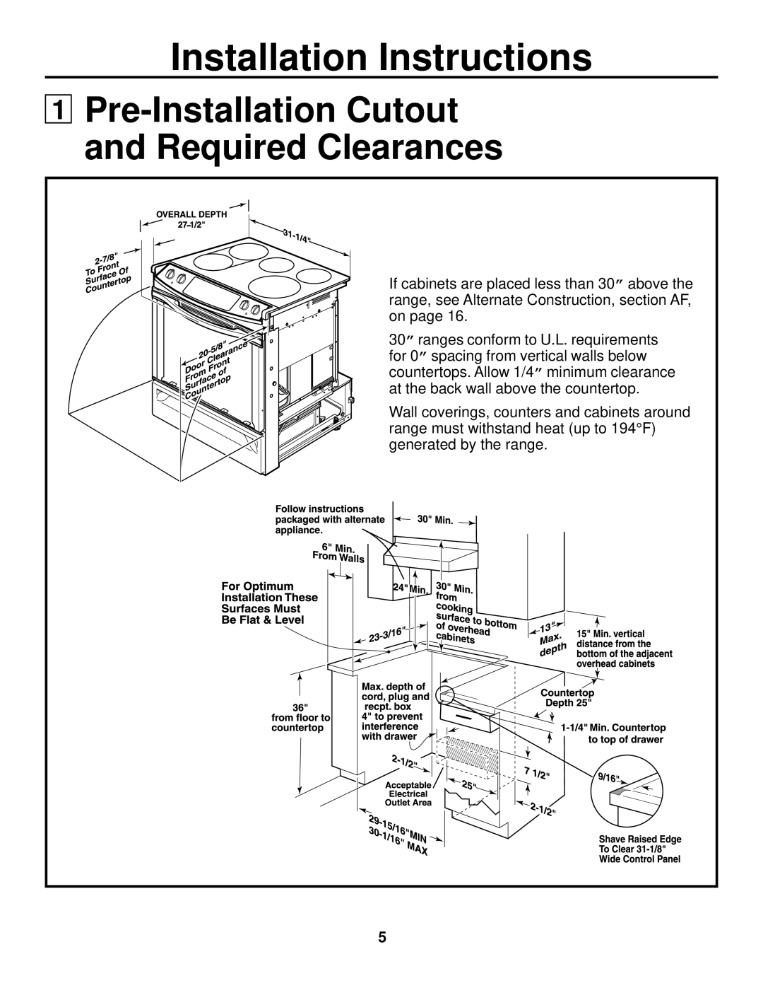 GE JS905 installation instructions Pre-Installation Cutout and Required Clearances 