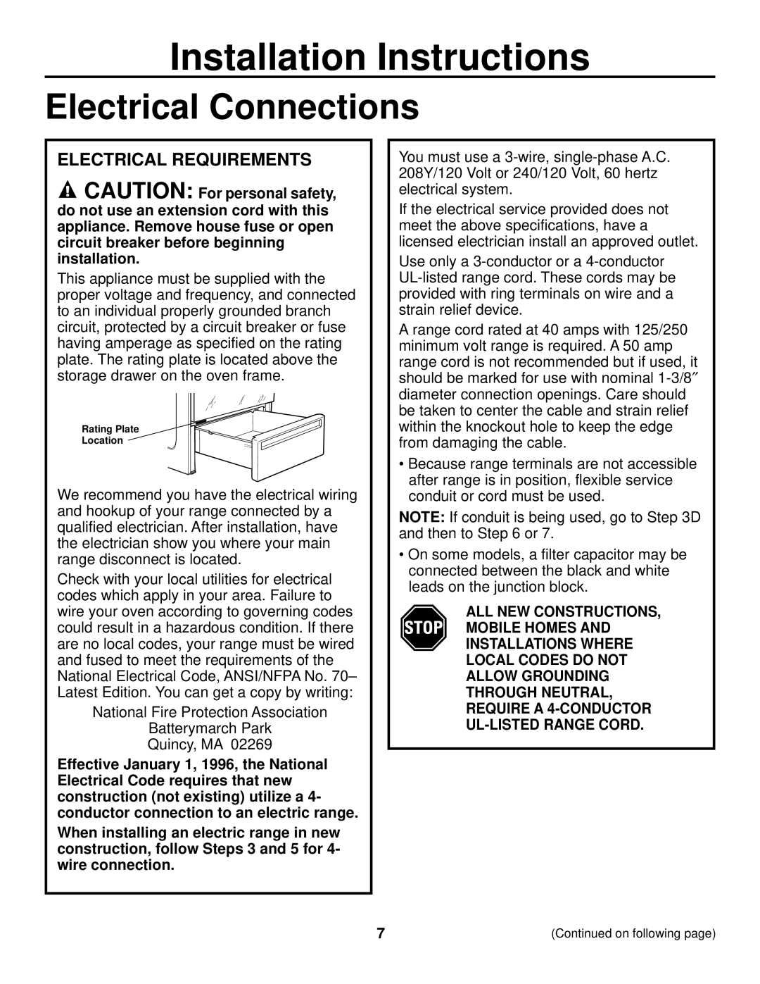 GE JS905 installation instructions Electrical Connections, Electrical Requirements 