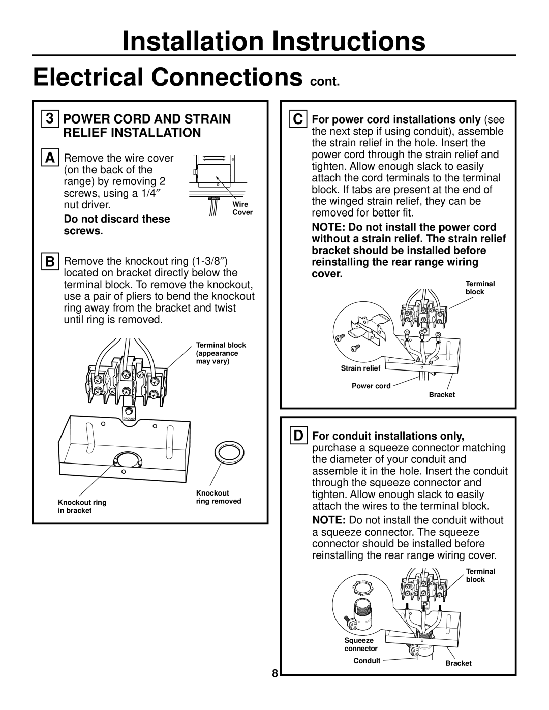 GE JS905 Power Cord and Strain Relief Installation, Do not discard these, Screws, For power cord installations only see 