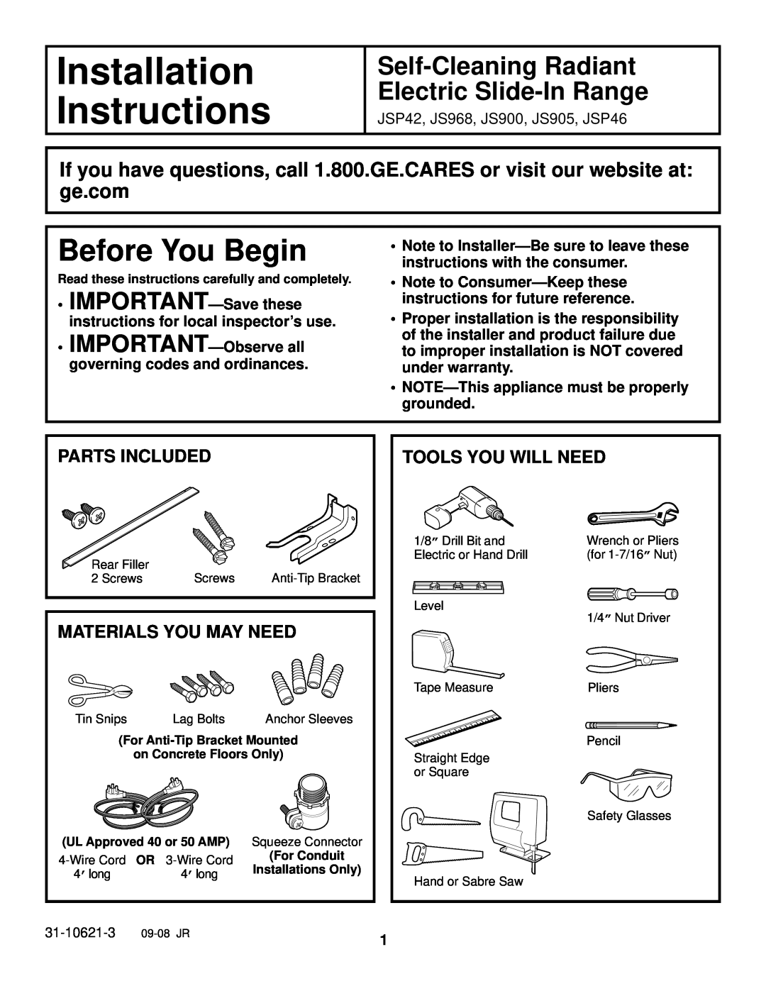 GE JS905 installation instructions Installation, Instructions, Before You Begin, Parts Included, Materials You May Need 