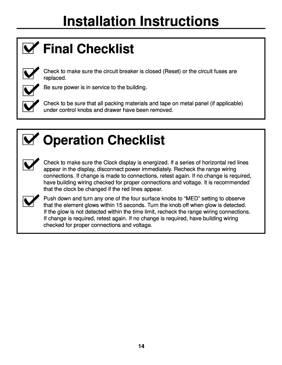 GE JS905 installation instructions Final Checklist, Operation Checklist, Installation Instructions 