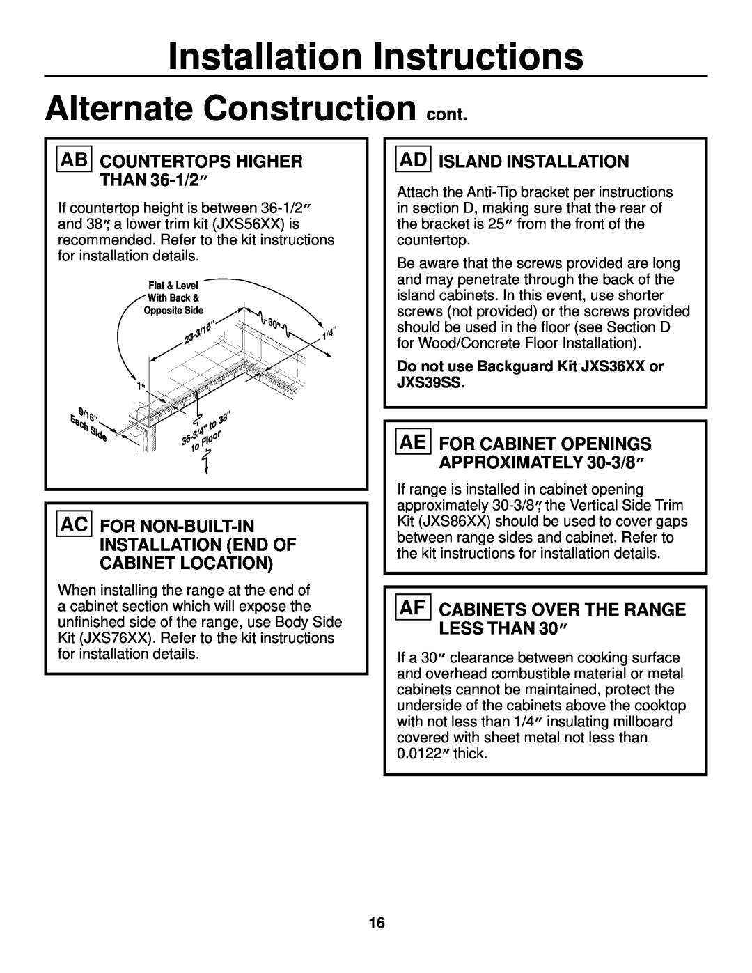 GE JS905 installation instructions Alternate Construction cont, AB COUNTERTOPS HIGHER THAN 36-1/2”, Ad Island Installation 