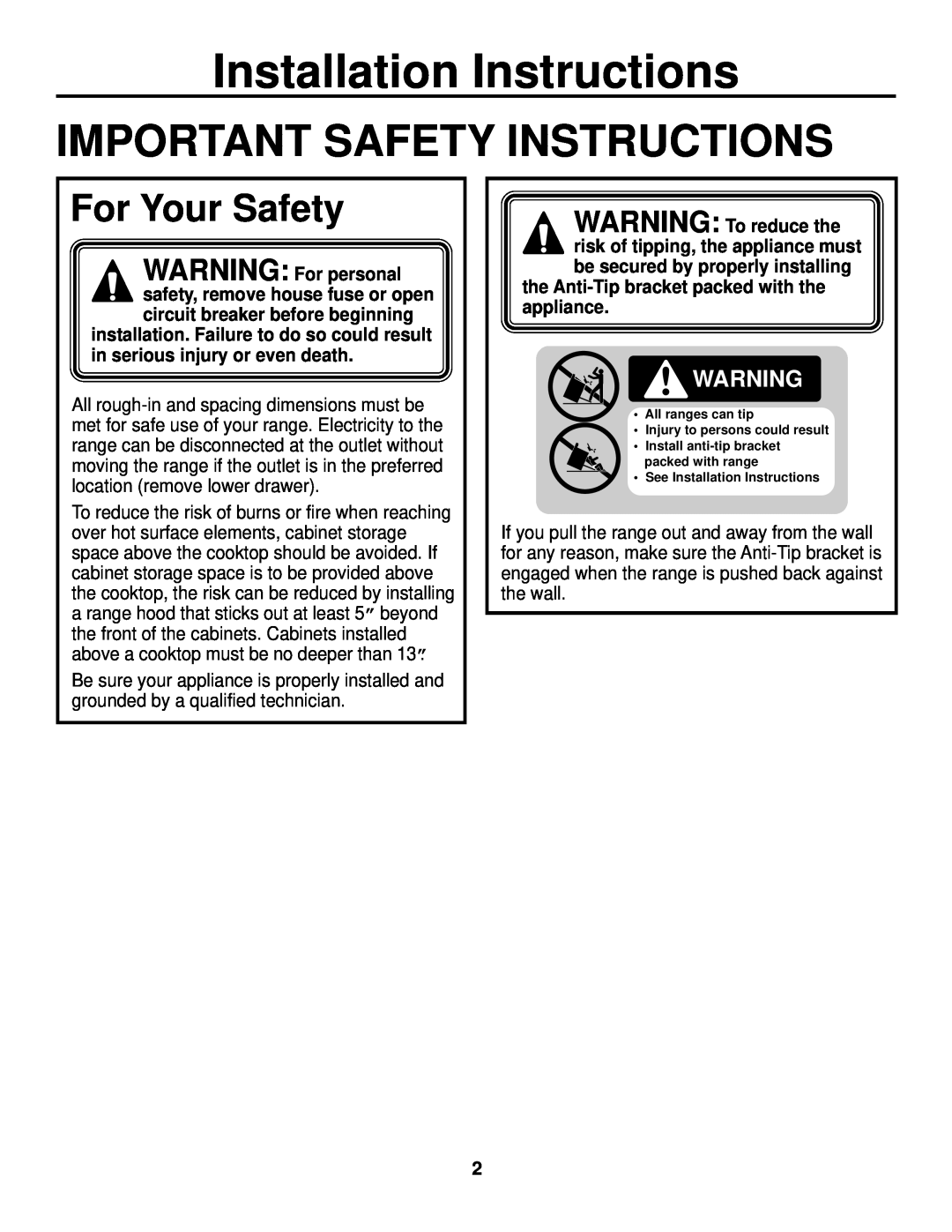 GE JS905 Installation Instructions, Important Safety Instructions, For Your Safety, WARNING For personal 