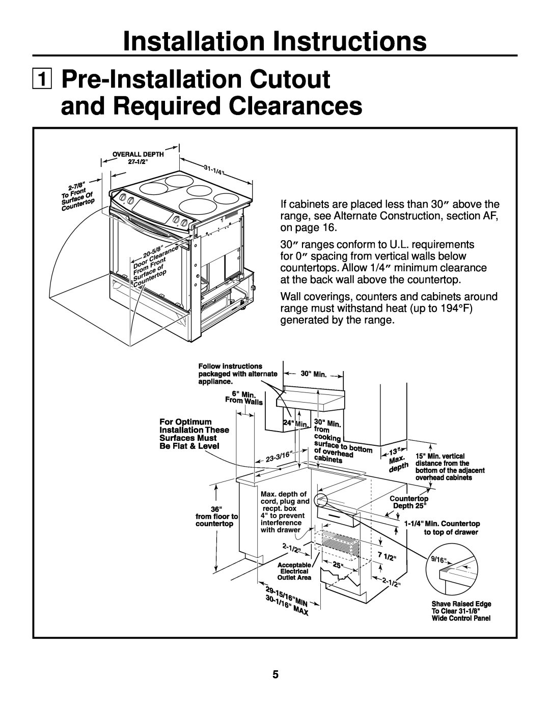 GE JS905 installation instructions Pre-Installation Cutout and Required Clearances, Installation Instructions 
