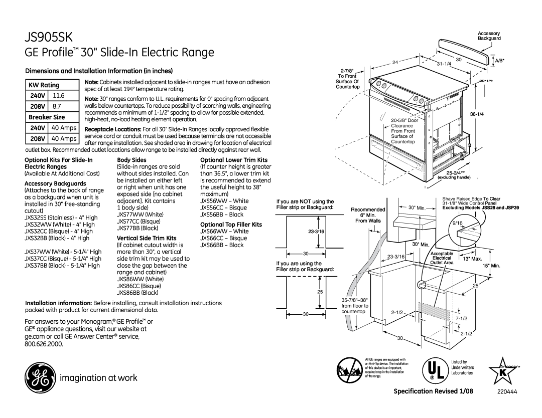 GE JS905SKSS dimensions GE Profile 30 Slide-InElectric Range, Dimensions and Installation Information in inches, KW Rating 