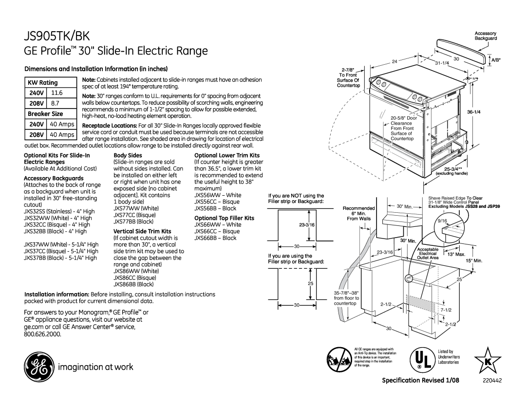 GE JS905TKWW dimensions JS905TK/BK, GE Profile 30 Slide-In Electric Range, KW Rating, 240V, 11.6, 208V, Breaker Size, Amps 