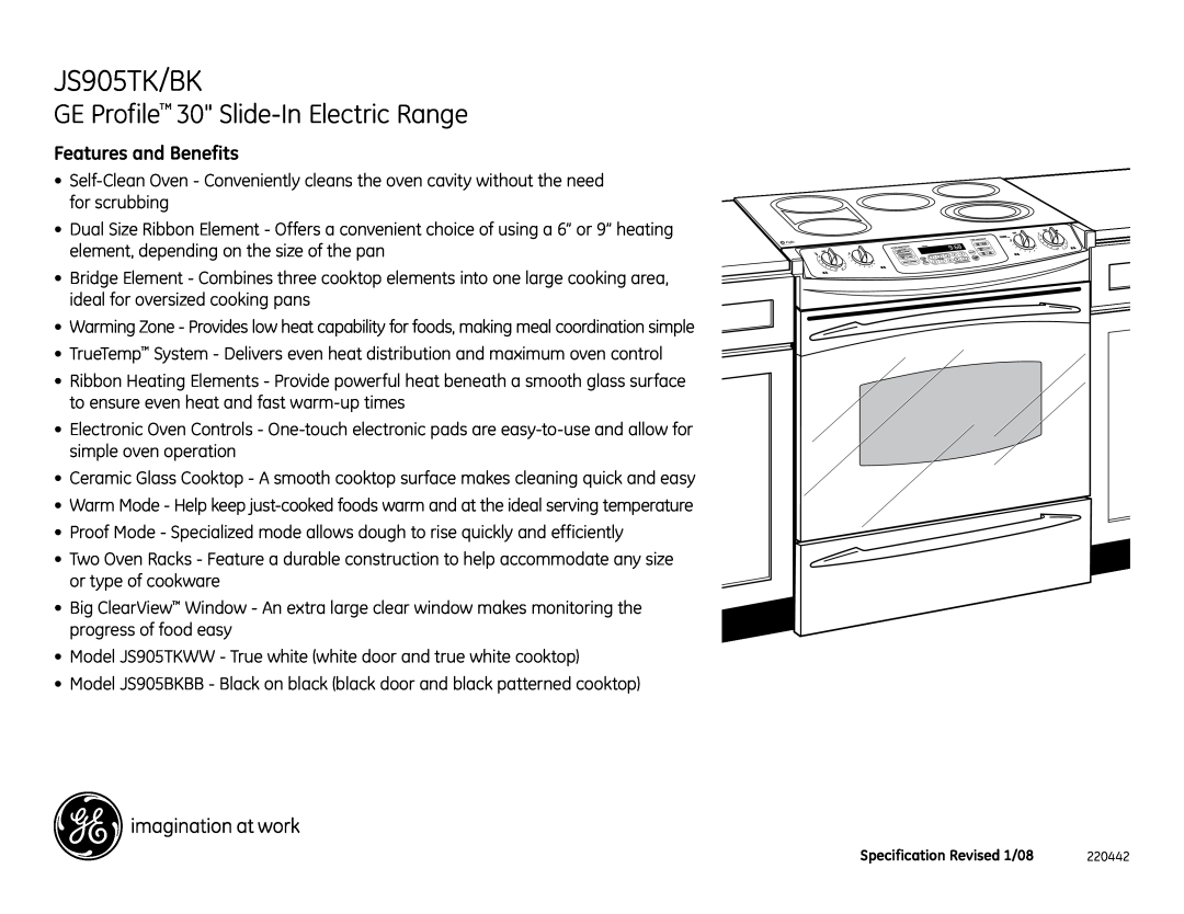 GE JS905TKWW dimensions JS905TK/BK, GE Profile 30 Slide-In Electric Range, Features and Benefits 