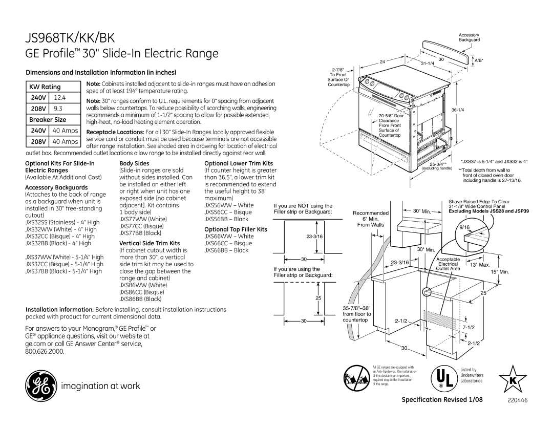 GE JS968TKWW dimensions JS968TK/KK/BK, GE Profile 30 Slide-In Electric Range 