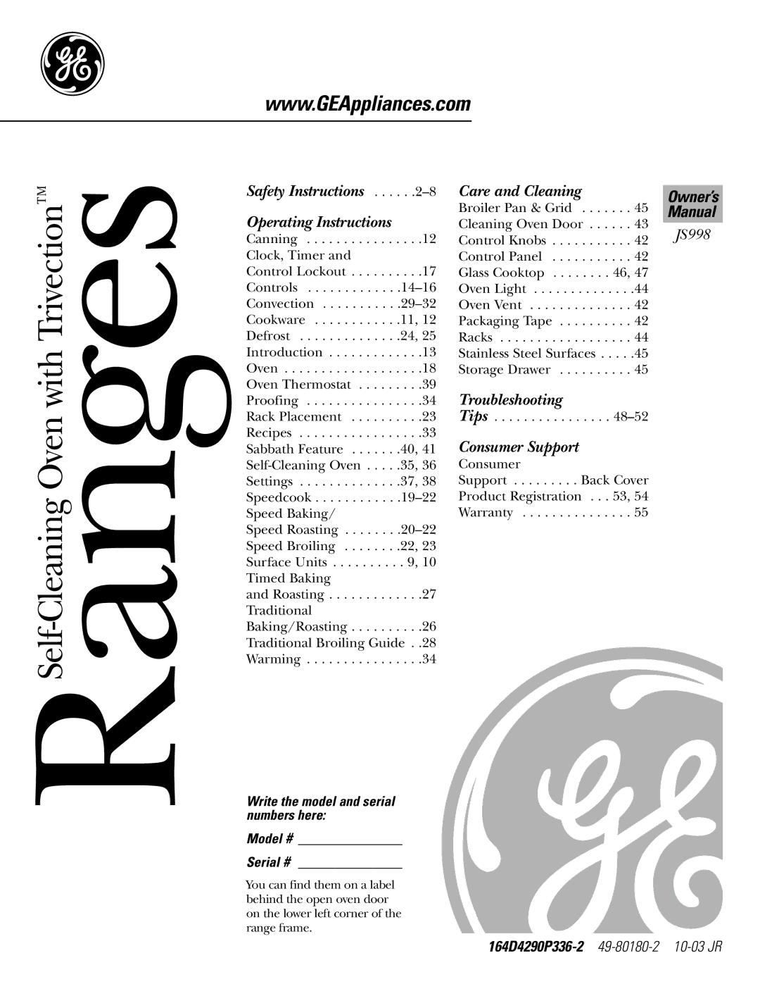 GE JS998 owner manual Model # Serial #, Write the model and serial numbers here, Manual, Owner’s 