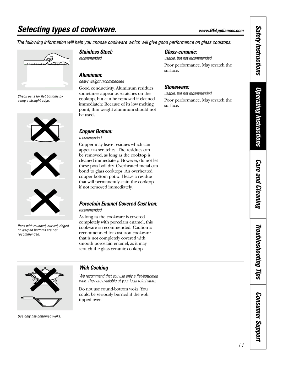 GE JS998 owner manual Selecting types of cookware, Instructions Operating, Tips Consumer Support 