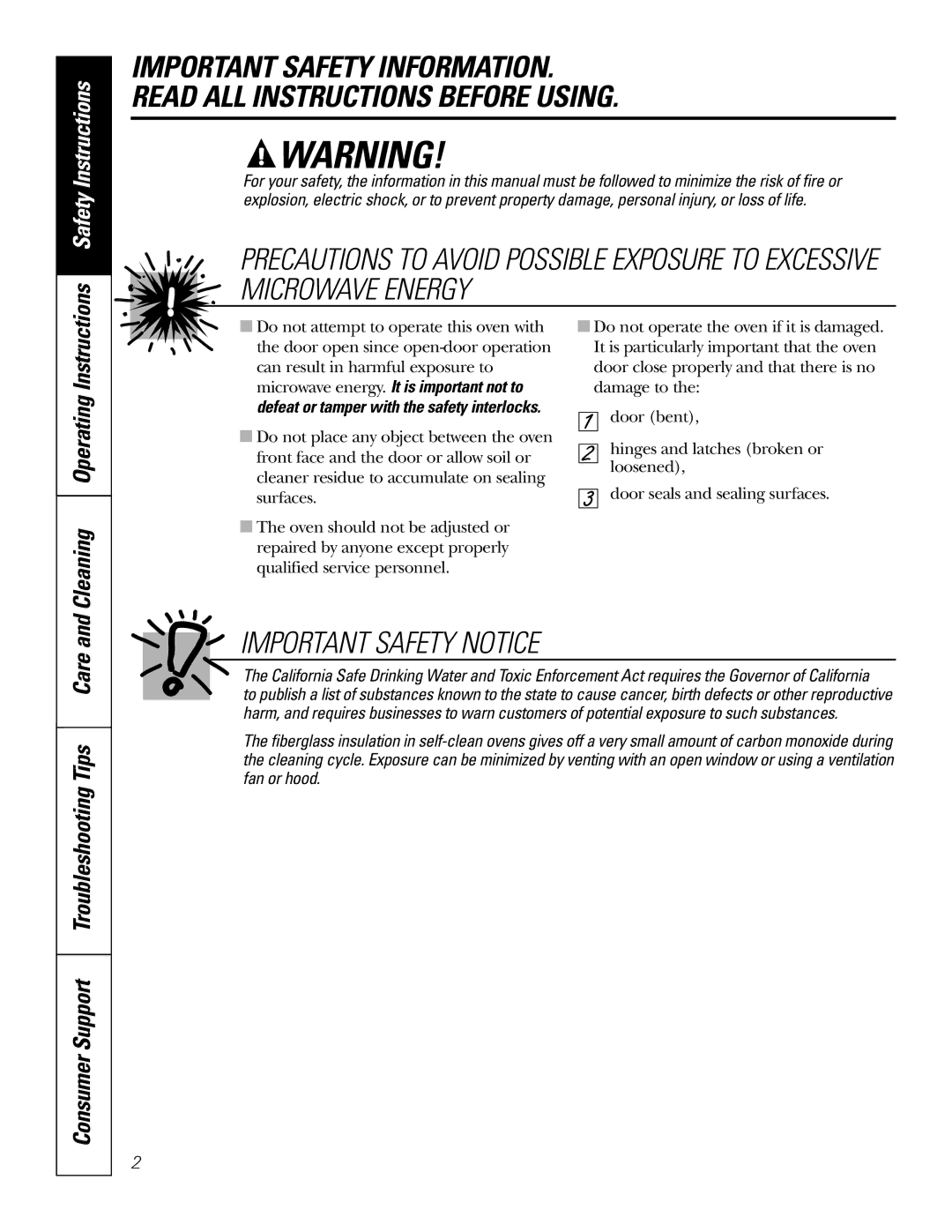 GE JS998 owner manual Important Safety Notice, Consumer Support Troubleshooting Tips Care, Cleaning Operating Instructions 