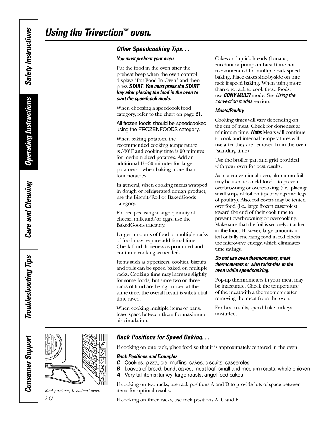 GE JS998 owner manual Consumer Support, Other Speedcooking Tips, Rack Positions for Speed Baking 