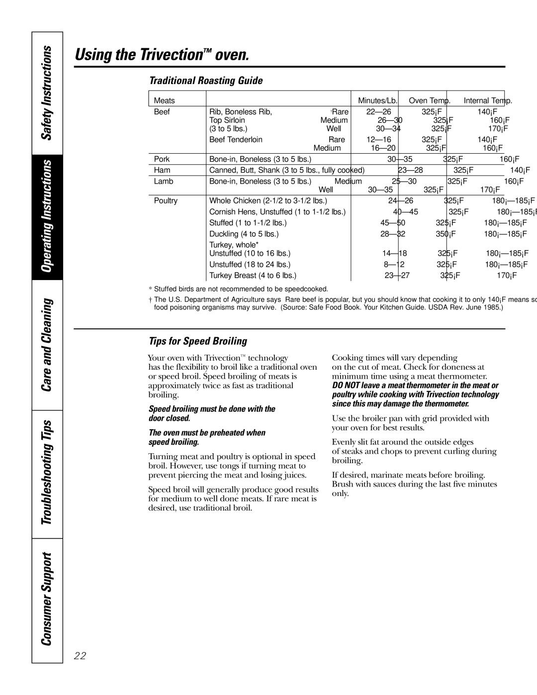 GE JS998 Cleaning Operating Instructions Safety Instructions, Traditional Roasting Guide, Tips for Speed Broiling 