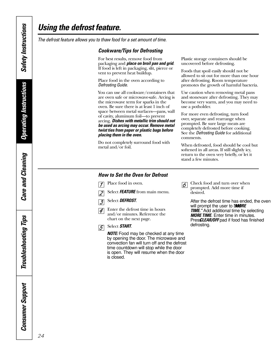 GE JS998 Using the defrost feature, Cookware/Tips for Defrosting, How to Set the Oven for Defrost, Defrosting Guide 