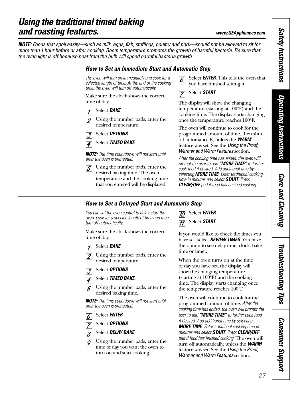 GE JS998 owner manual Using the traditional timed baking Roasting features, Operating Instructions Care 