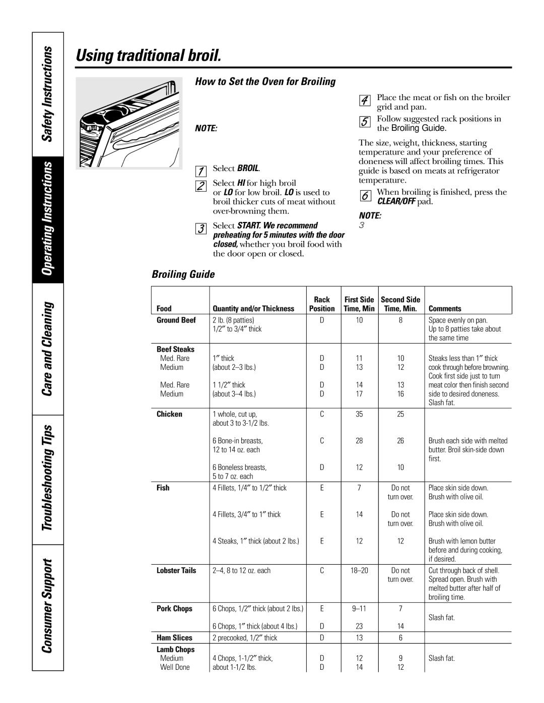 GE JS998 owner manual Using traditional broil, Consumer Support Troubleshooting Tips Care and Cleaning, Broiling Guide 