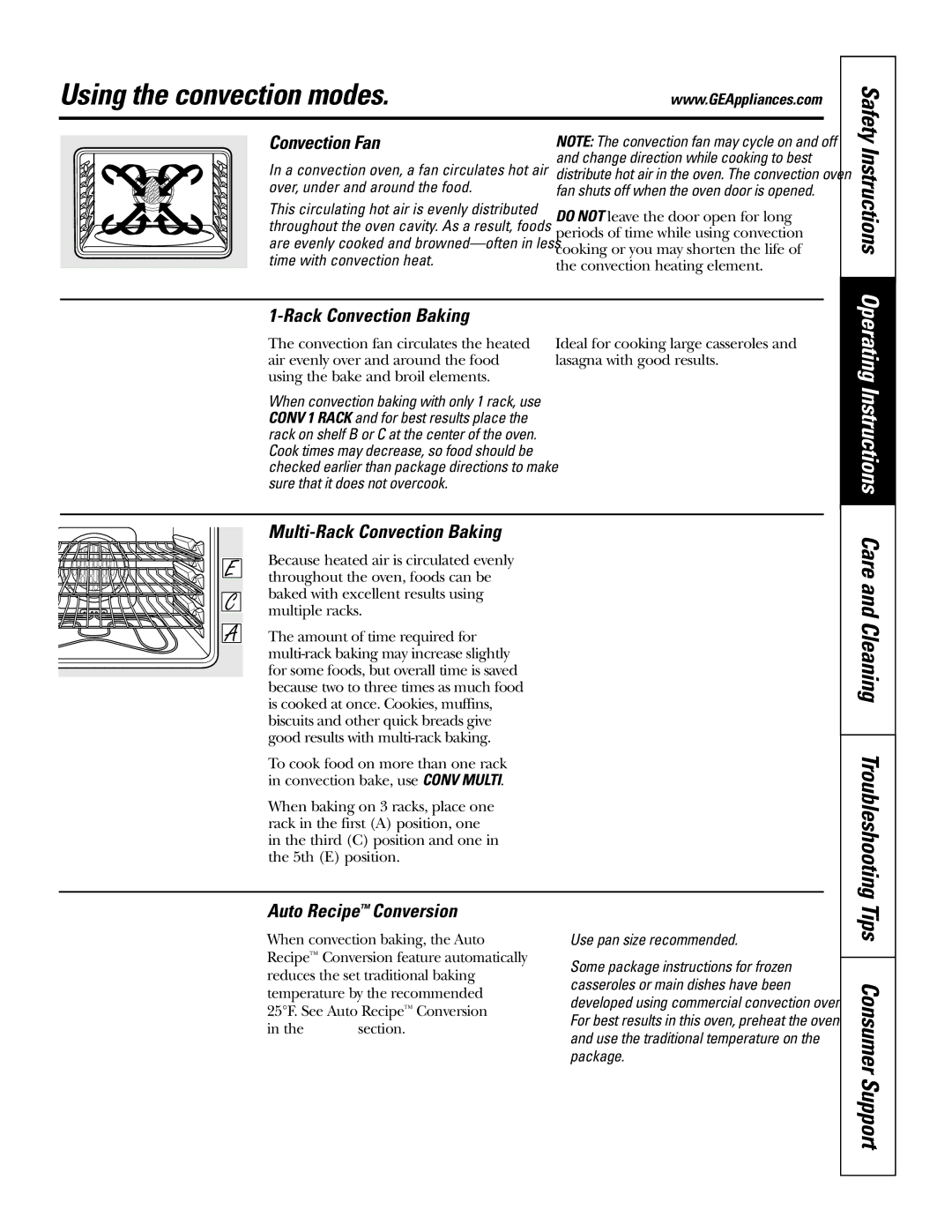 GE JS998 Using the convection modes, Convection Fan, Multi-Rack Convection Baking, Use pan size recommended 
