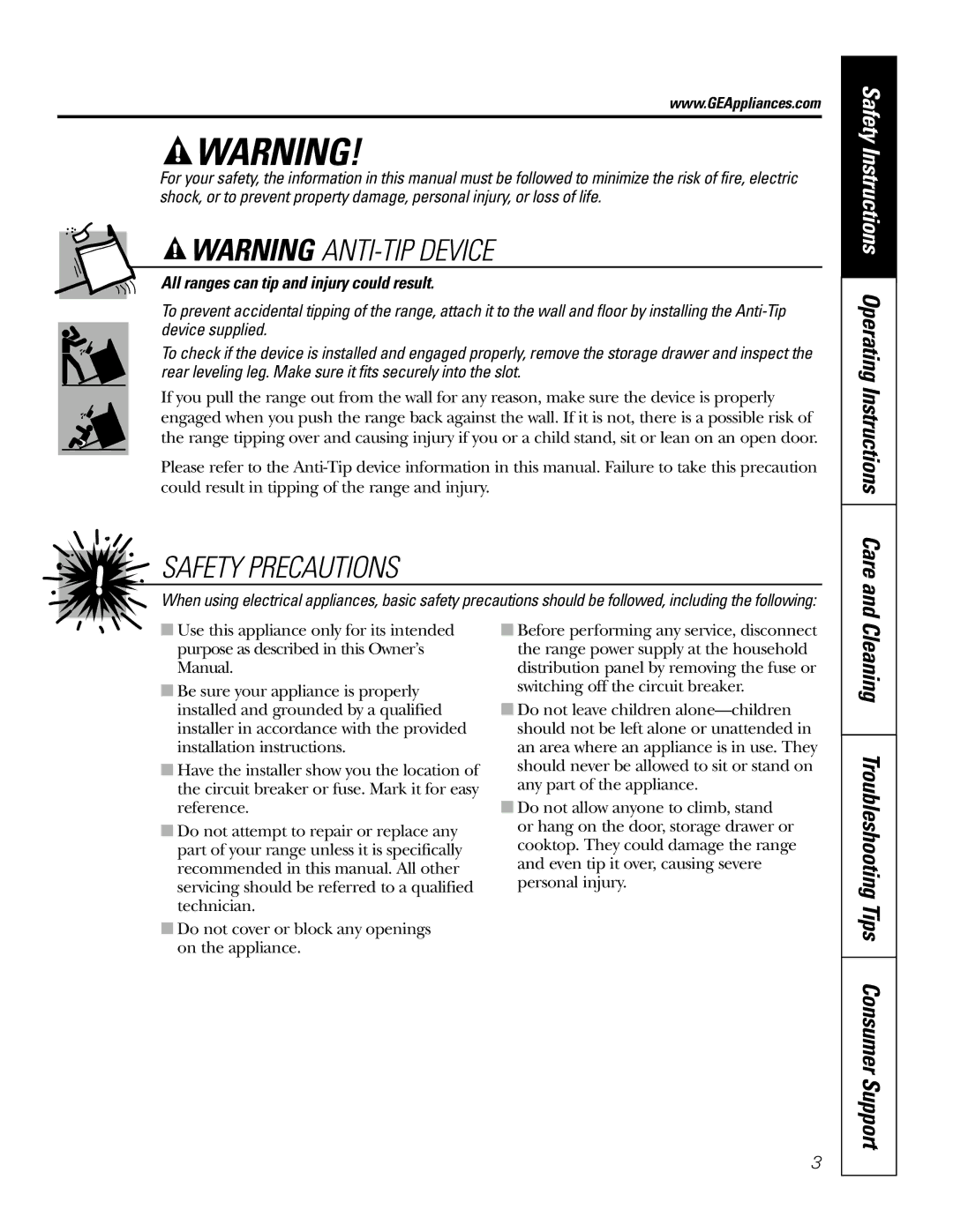 GE JS998 owner manual Safety Precautions, All ranges can tip and injury could result 