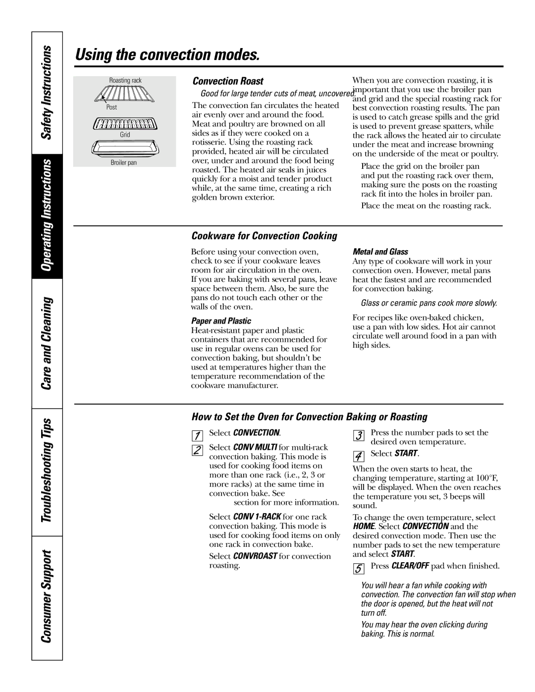 GE JS998 owner manual Care and Cleaning Operating, Consumer Support Troubleshooting Tips, Cookware for Convection Cooking 