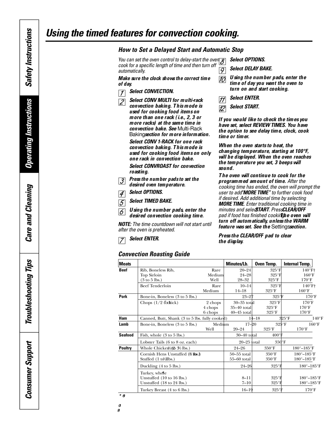 GE JS998 owner manual Using the timed features for convection cooking, Convection Roasting Guide 