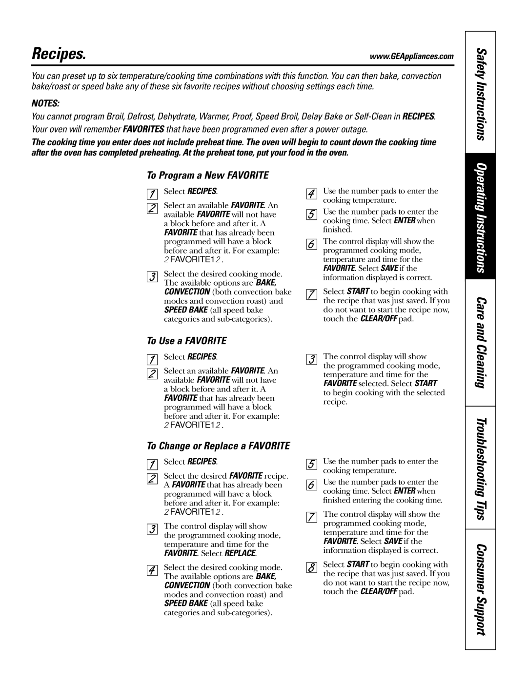 GE JS998 owner manual Recipes, To Program a New Favorite, To Use a Favorite, To Change or Replace a Favorite 