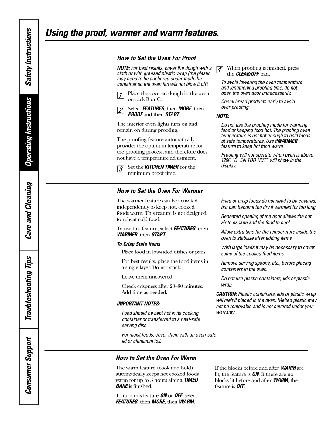 GE JS998 owner manual Using the proof, warmer and warm features, Support Troubleshooting Tips Care and Cleaning, Consumer 