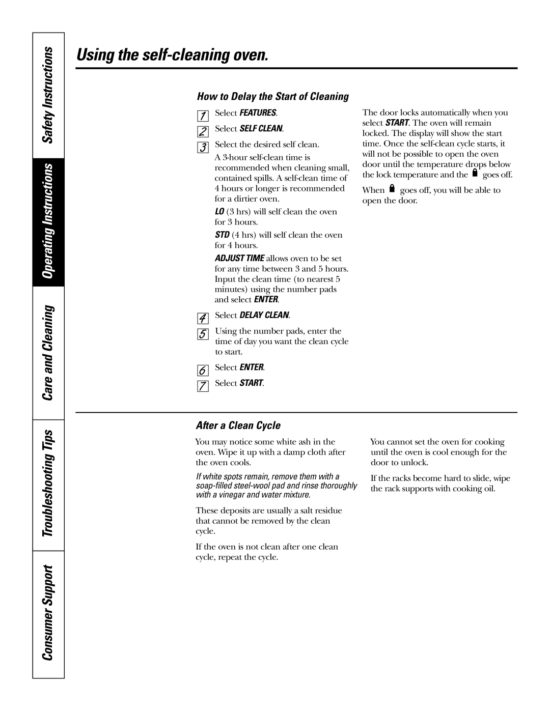 GE JS998 Care and Cleaning Operating Instructions Safety, After a Clean Cycle, How to Delay the Start of Cleaning 