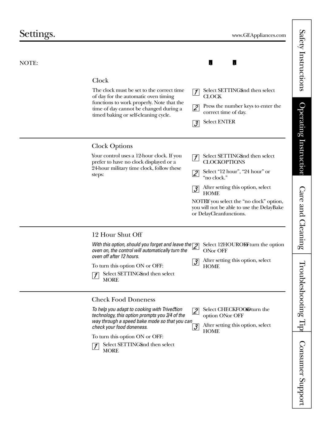 GE JS998 owner manual Settings, Clock Options, Check Food Doneness 