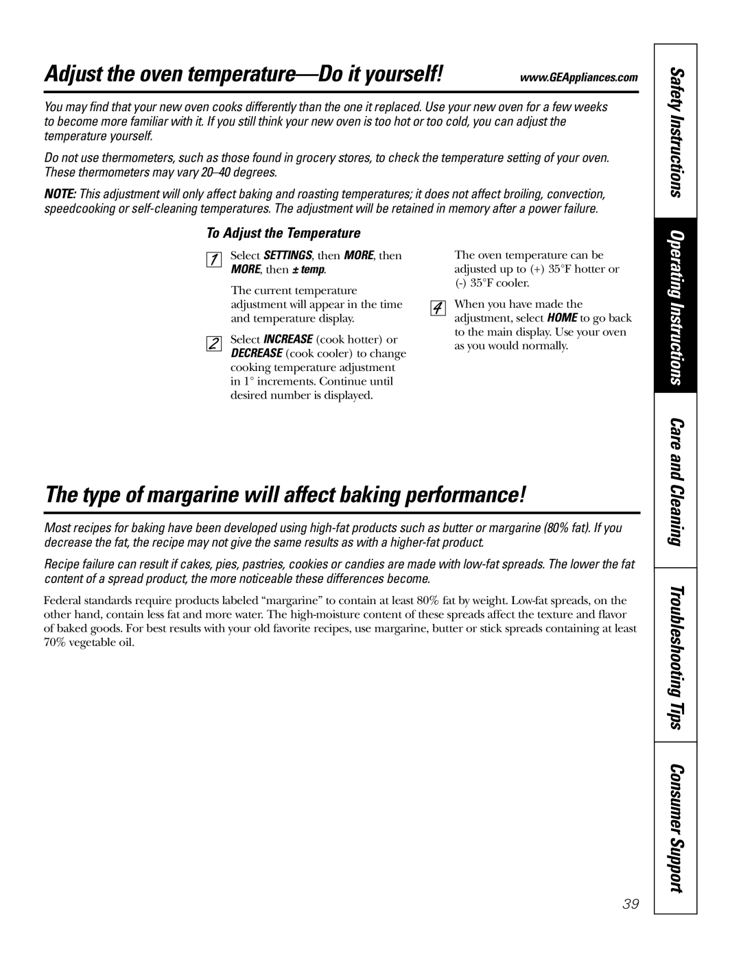 GE JS998 owner manual Adjust the oven temperature-Do it yourself, Type of margarine will affect baking performance 