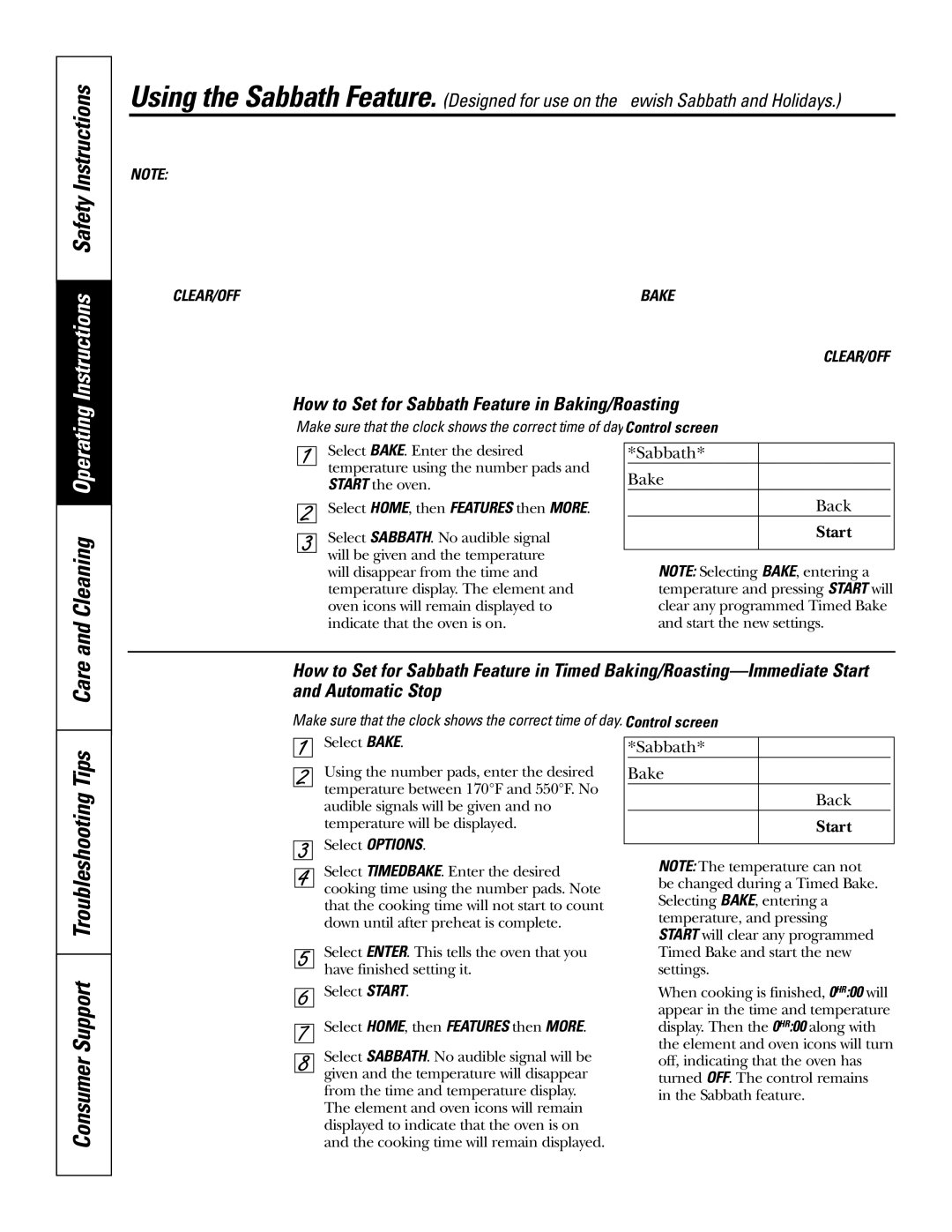 GE JS998 owner manual Tips, Cleaning Operating, Care, How to Set for Sabbath Feature in Baking/Roasting, Control screen 