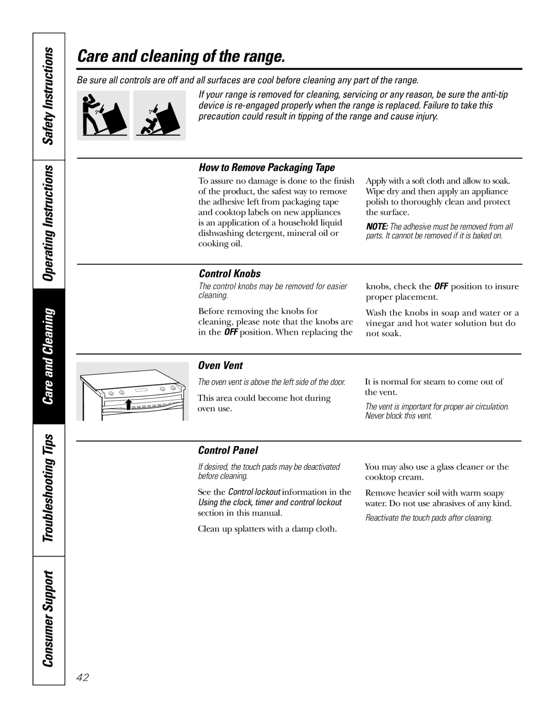 GE JS998 owner manual Care and cleaning of the range, Consumer Support Troubleshooting, Operating Instructions 