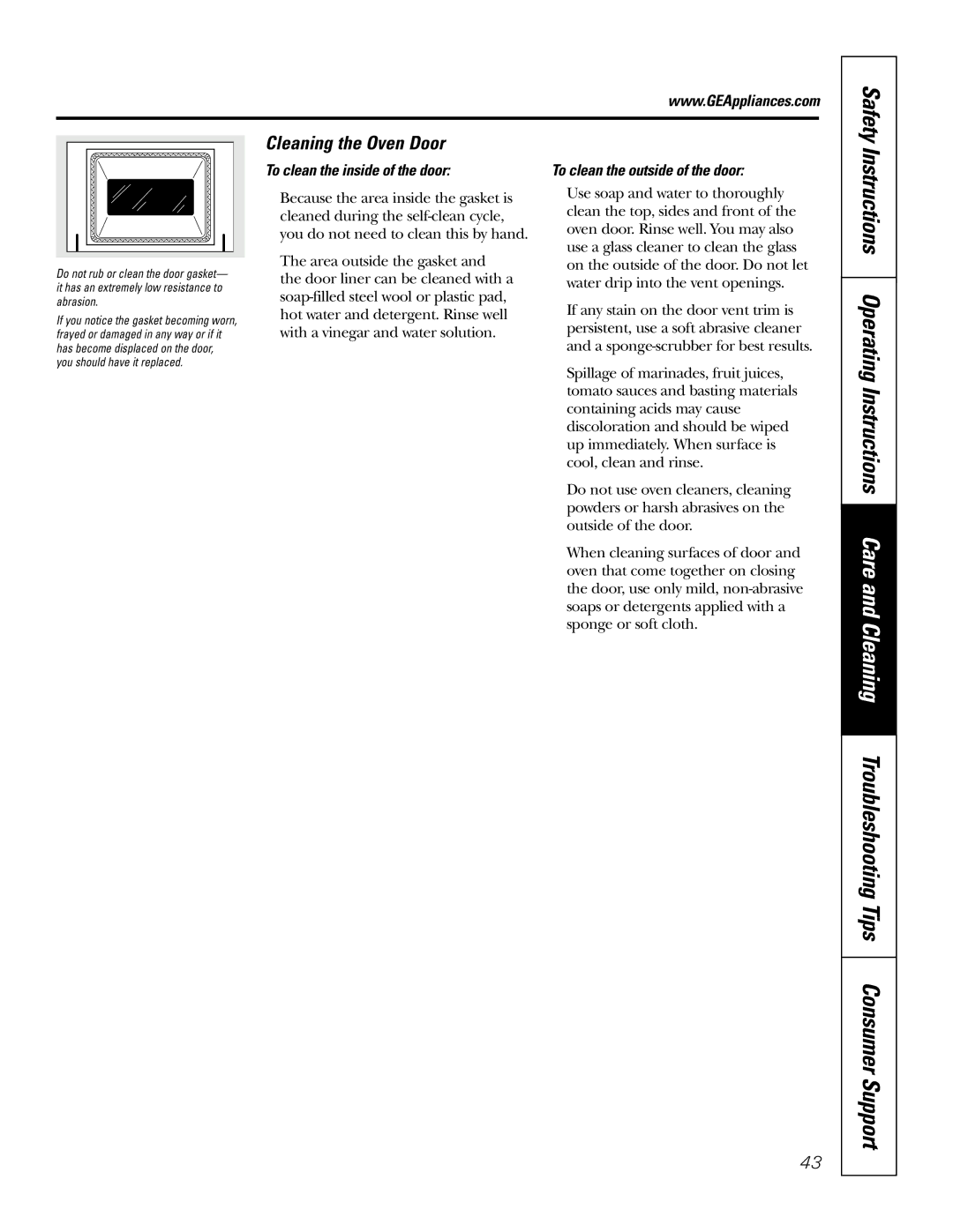 GE JS998 owner manual Cleaning the Oven Door, To clean the inside of the door, To clean the outside of the door 