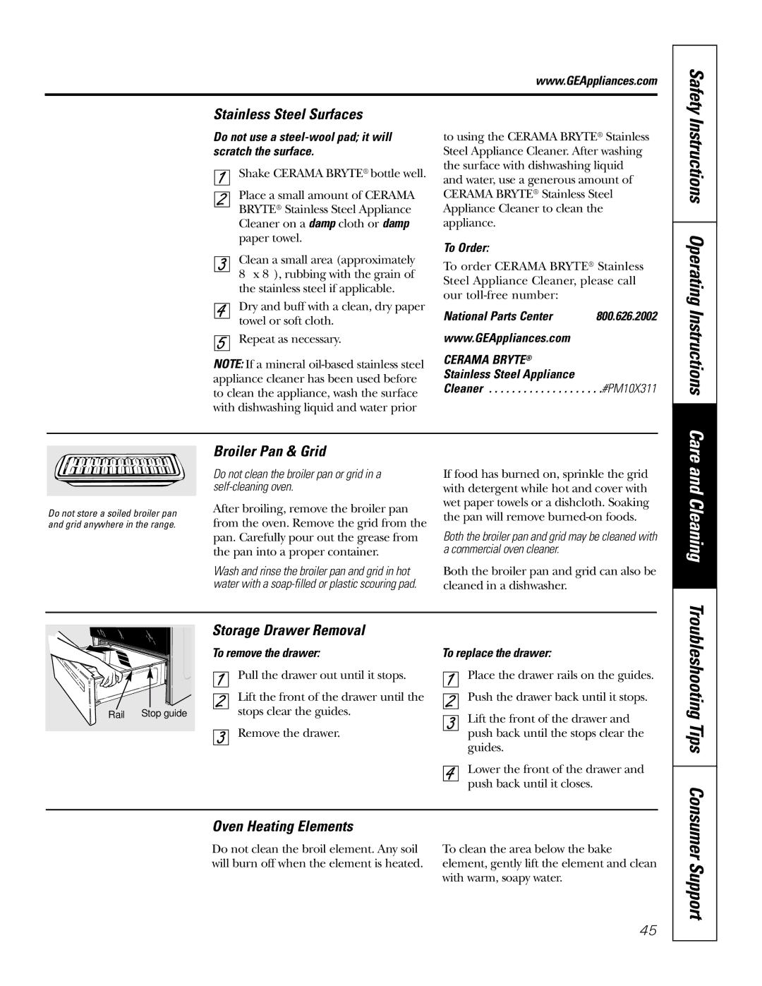 GE JS998 Instructions Operating Instructions Care, Stainless Steel Surfaces, Broiler Pan & Grid, Storage Drawer Removal 