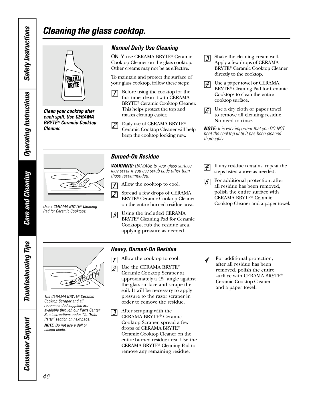 GE JS998 Cleaning the glass cooktop, Operating Instructions Safety, Normal Daily Use Cleaning, Burned-On Residue 