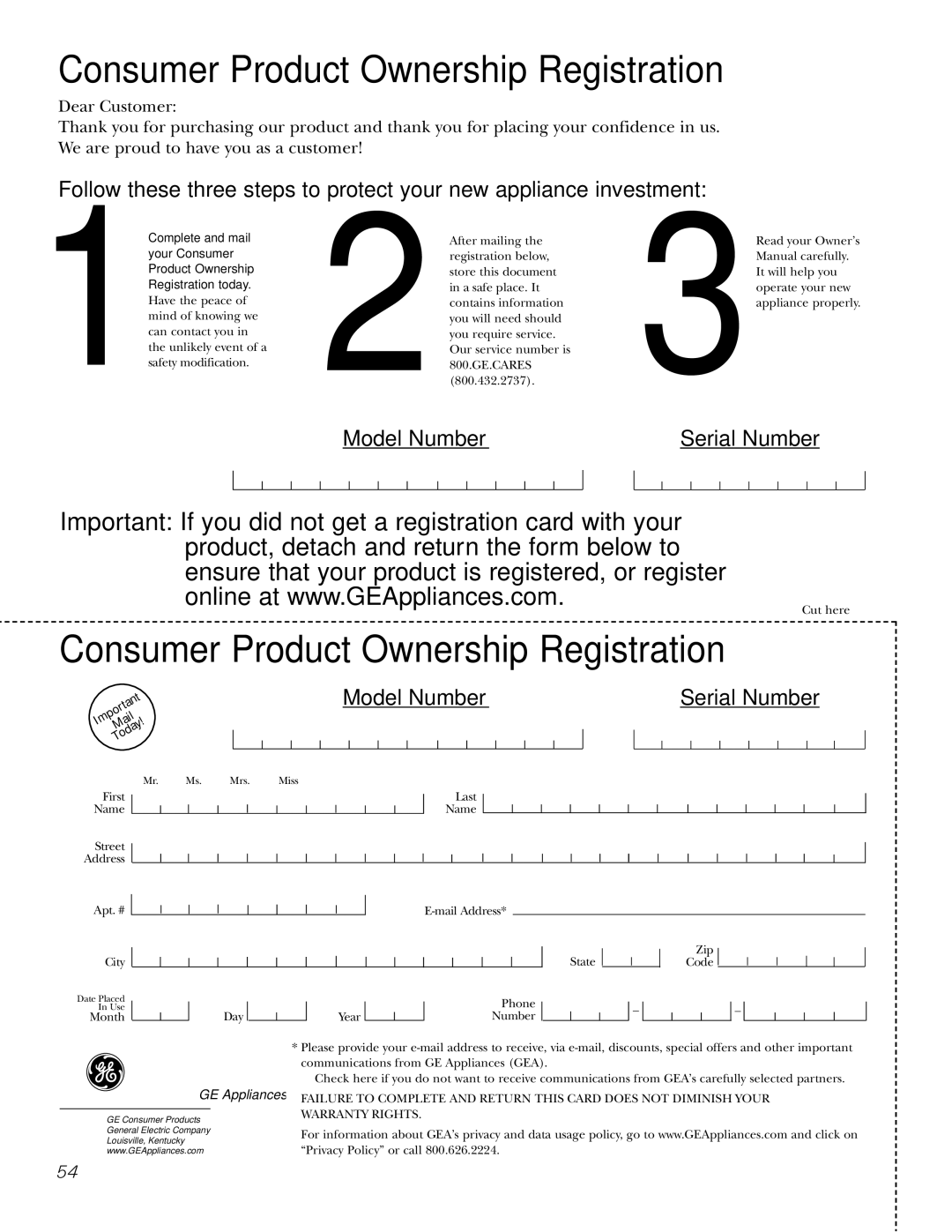 GE JS998 owner manual Consumer Product Ownership Registration 