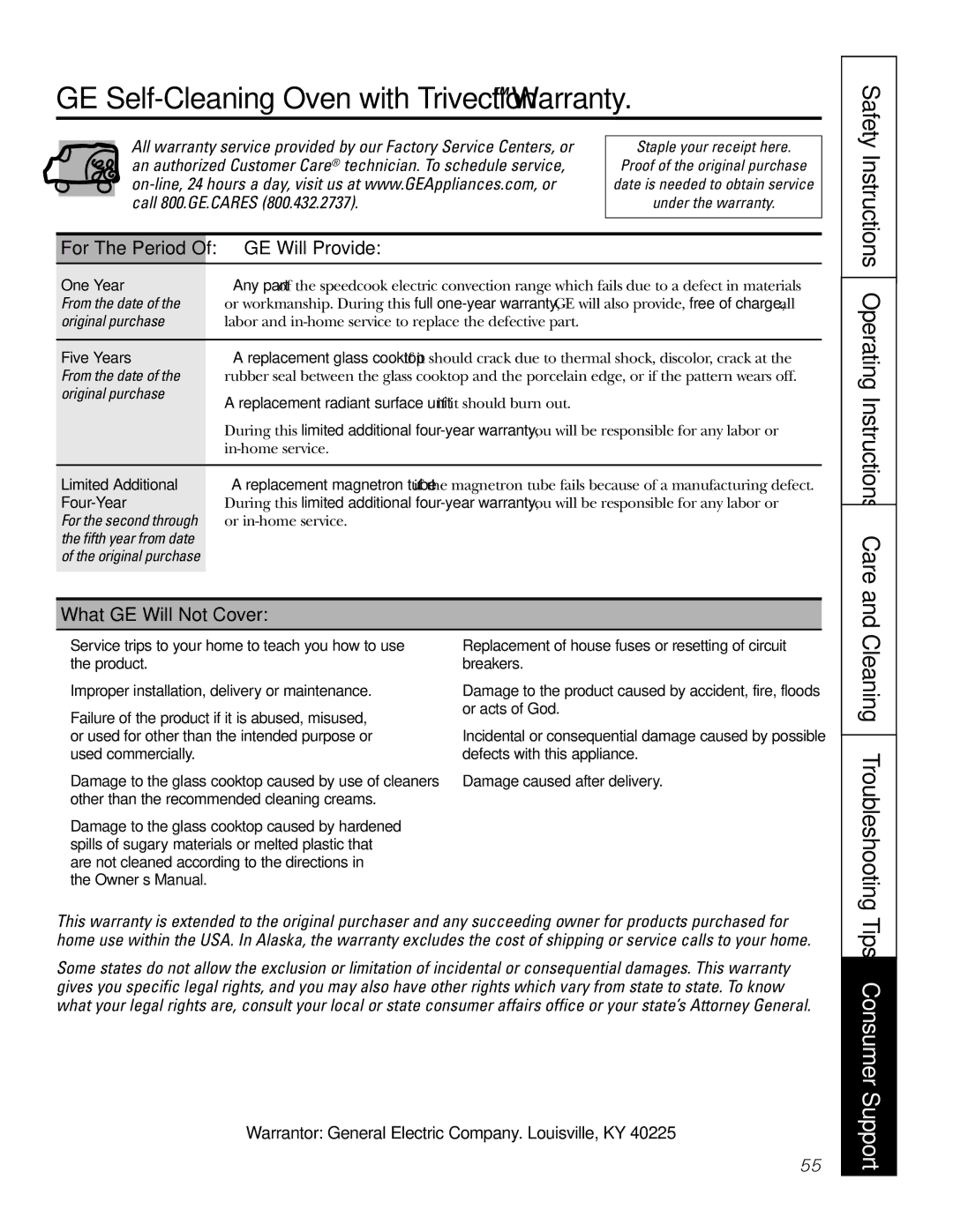 GE JS998 GE Self-Cleaning Oven with Trivection Warranty, Safety Instructions Operating Instructions Care, GE Will Provide 