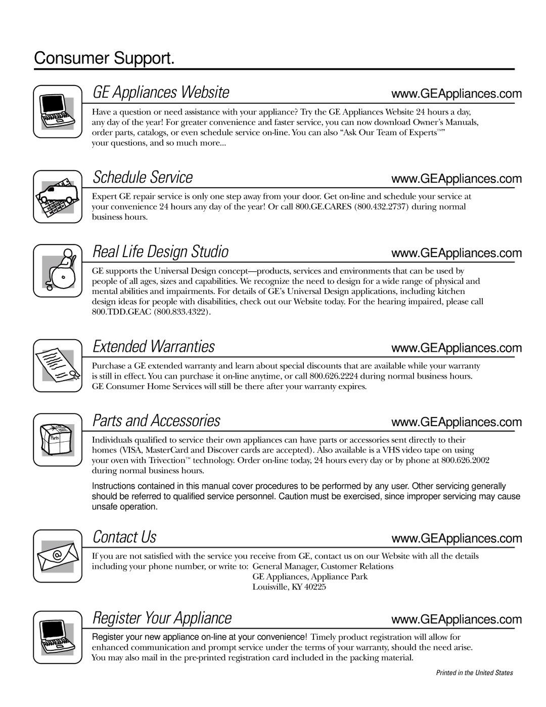 GE JS998 Consumer Support GE Appliances Website, Schedule Service, Real Life Design Studio, Extended Warranties 