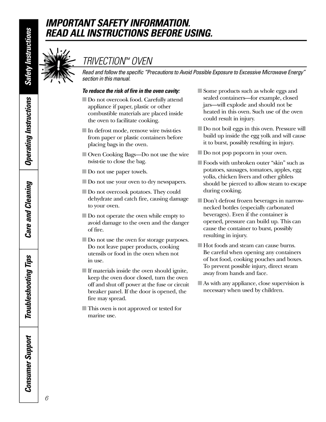 GE JS998 owner manual Trivection Oven, To reduce the risk of fire in the oven cavity 