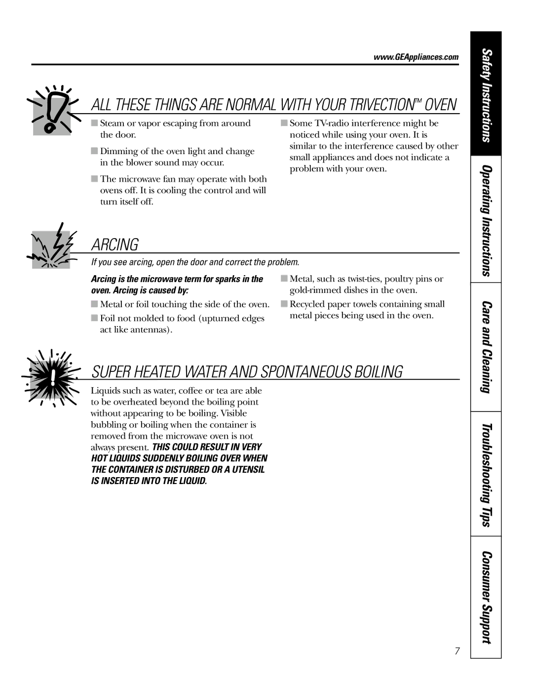 GE JS998 owner manual Operating, Oven. Arcing is caused by, Arcing is the microwave term for sparks 