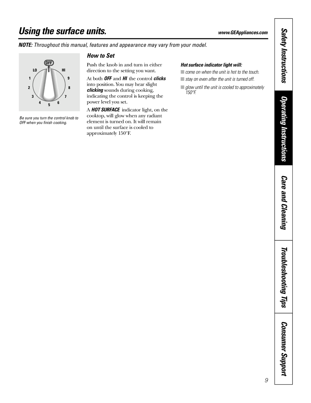 GE JS998 owner manual Using the surface units, Safety, How to Set, Hot surface indicator light will 