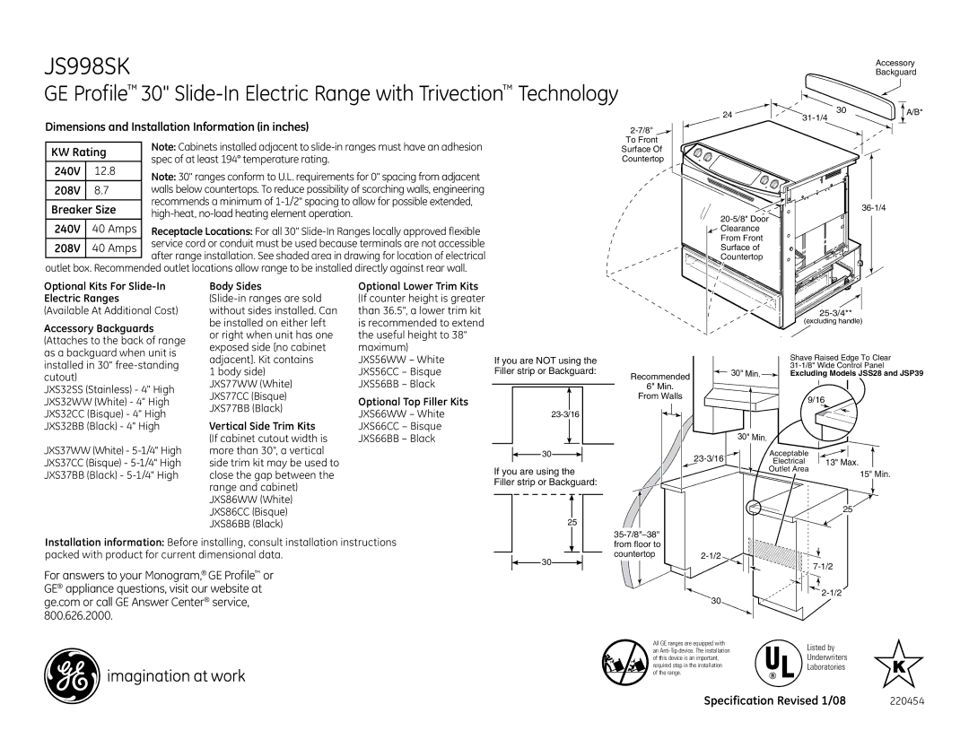 GE JS998SK dimensions 