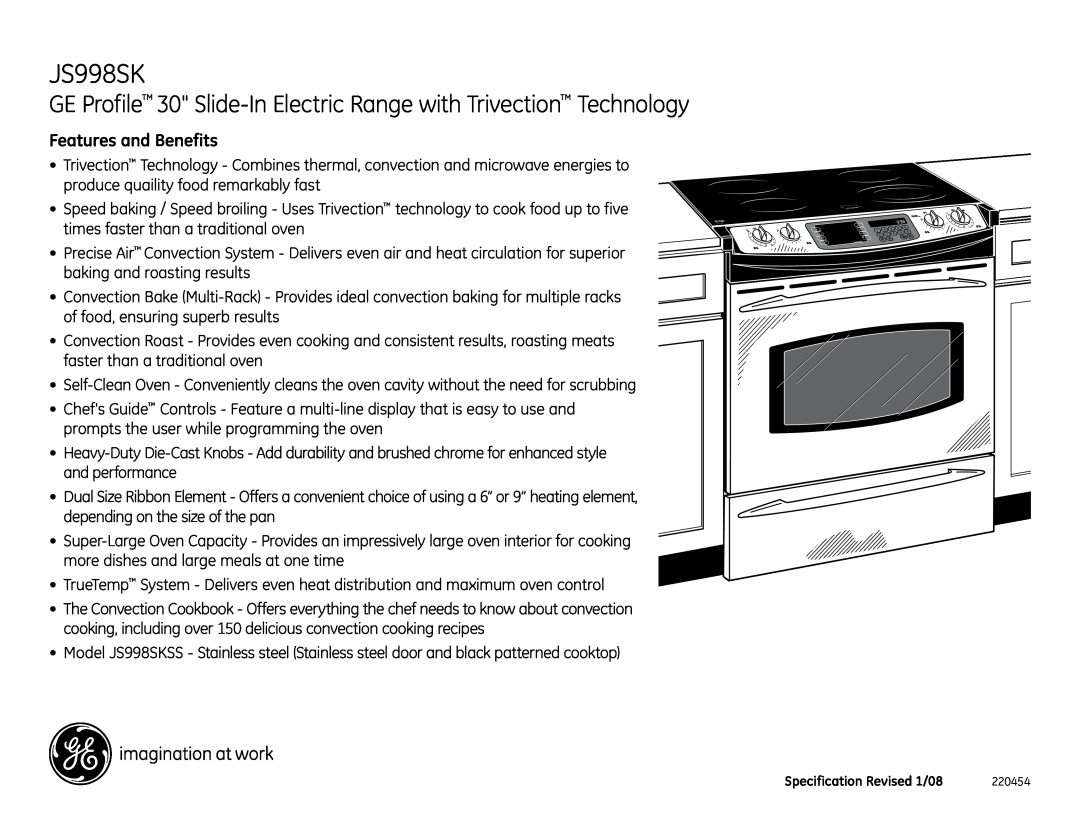 GE JS998SK dimensions GE Profile 30 Slide-In Electric Range with Trivection Technology, Features and Benefits 
