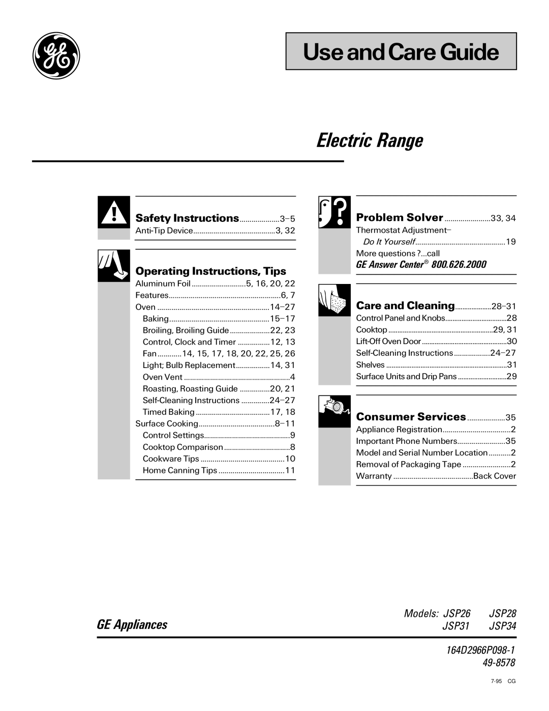 GE JSP26, JSP34, JSP31, JSP28 manual UseandCare Guide 