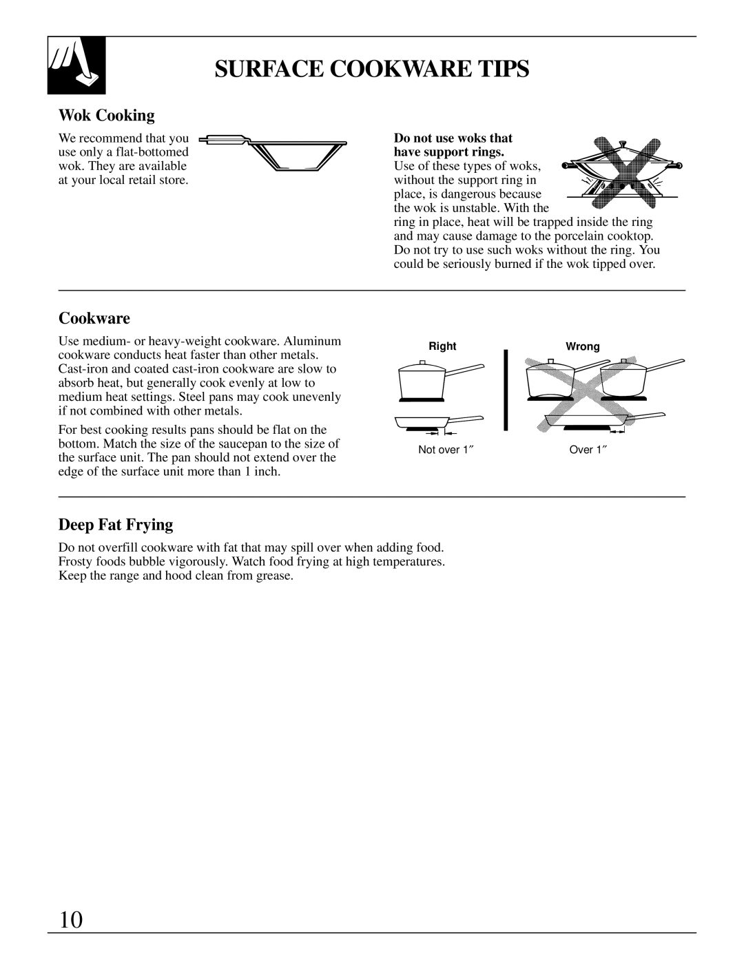 GE JSP31, JSP34, JSP26, JSP28 manual Surface Cookware Tips, Wok Cooking, Deep Fat Frying 