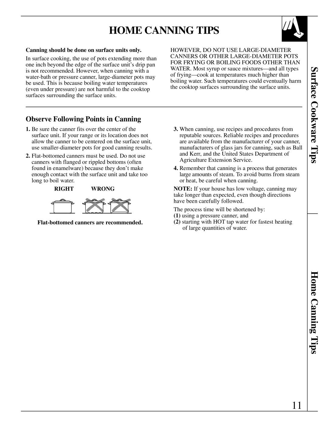 GE JSP28, JSP34, JSP26, JSP31 manual Surface, Cookware Tips Home Canning Tips, Observe Following Points in Canning 