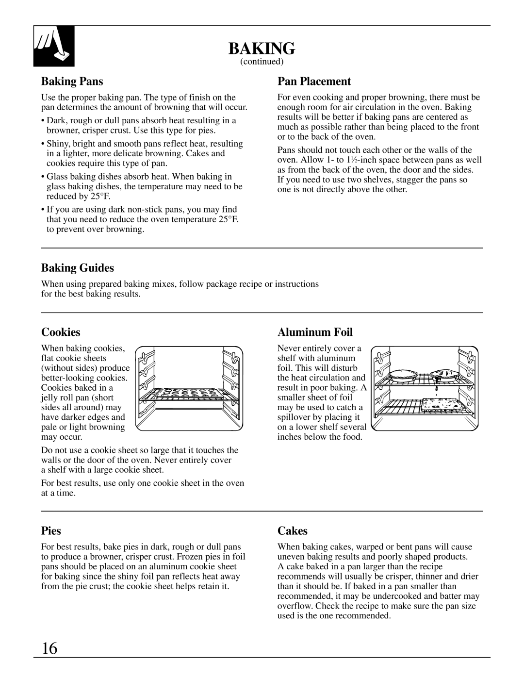 GE JSP34, JSP26, JSP31, JSP28 manual Baking Pans, Pan Placement, Baking Guides, Cookies, Aluminum Foil, Pies, Cakes 