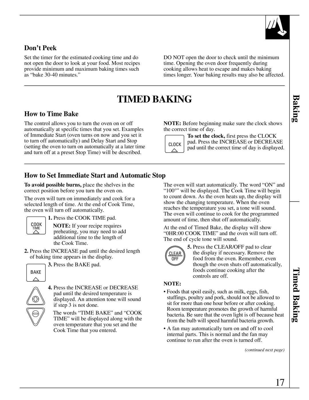 GE JSP26, JSP34, JSP31, JSP28 manual Timed Baking, Don’t Peek, How to Time Bake, How to Set Immediate Start and Automatic Stop 