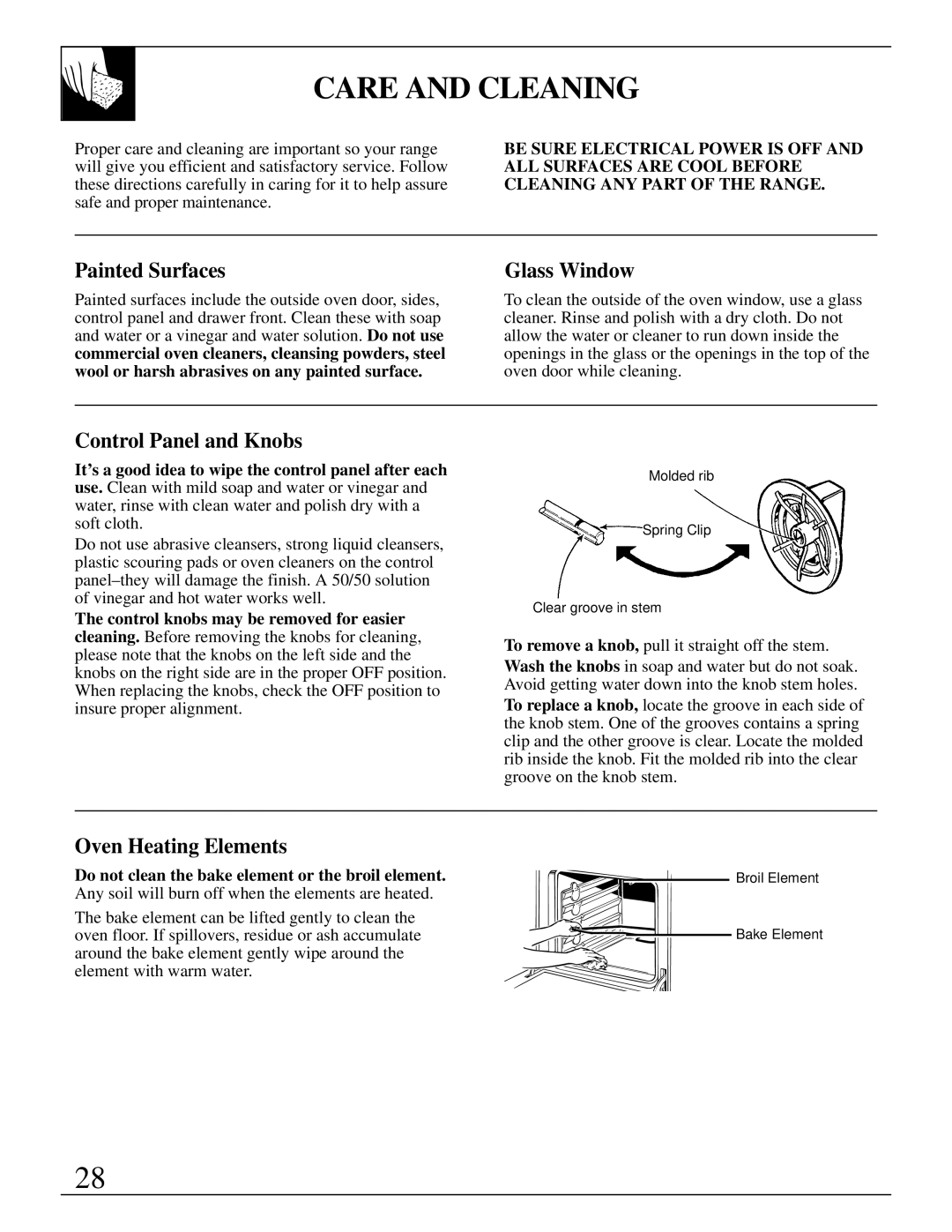 GE JSP34, JSP26, JSP31, JSP28 manual Care and Cleaning, Painted Surfaces, Control Panel and Knobs, Oven Heating Elements 