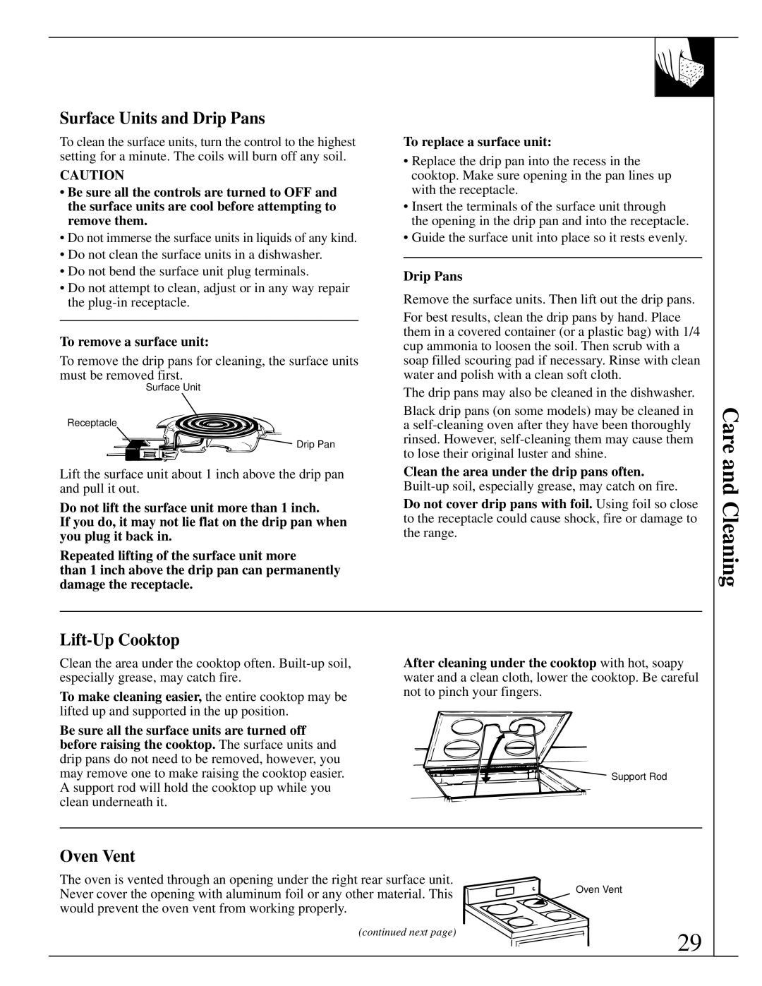 GE JSP26, JSP34, JSP31, JSP28 manual Care and Cleaning, Surface Units and Drip Pans, Lift-Up Cooktop, Oven Vent 